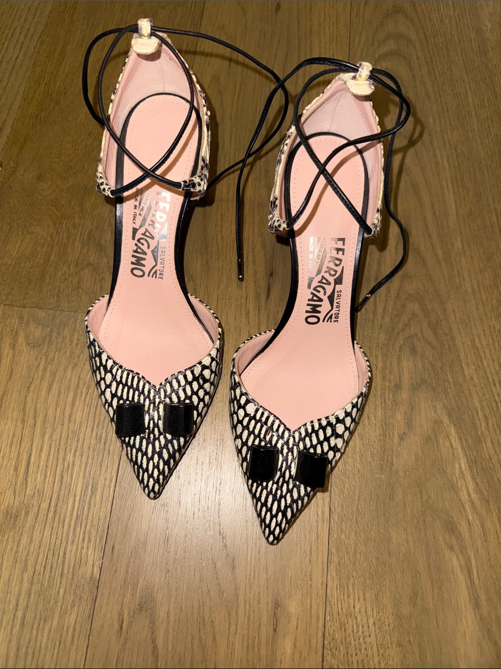 Salvatore Ferragamo Carolyn Snake Skin Black and White Pointed Lace-Up Pumps